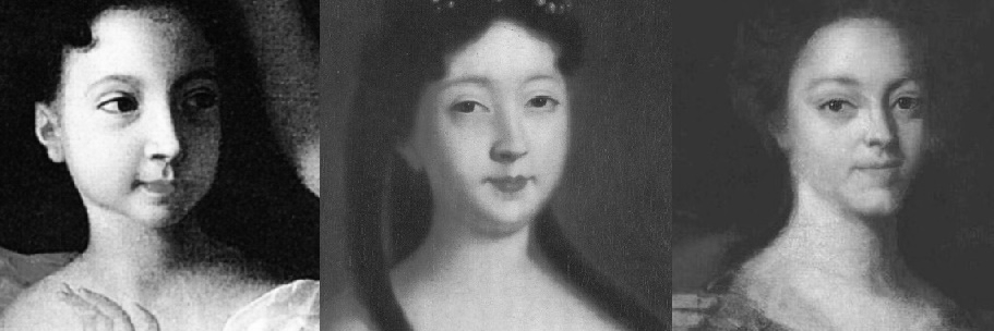 Ил. 100.  Сравнение лица на двойном портрете с образами  Анны Петровны в детстве и в 1725 году.