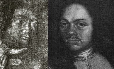 Ил. 12. Сравнение лиц на гравюре и живописном портрете Петра I