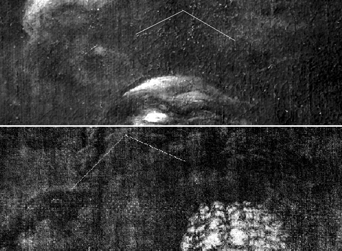 Ил. 31. «Глаза тучи» на холсте (вверху) и на гравированном портрете Шереметева